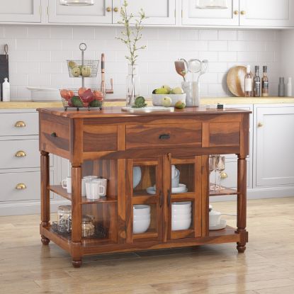 Picture of Lincoln Solid Wood Small Kitchen Island Table with open shelves