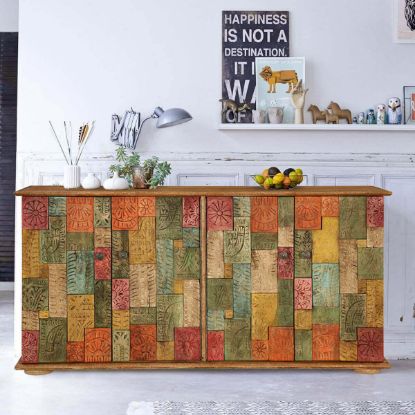 Picture of Georgia Colorful Carved Tiled Solid Wood Rustic Buffet Cabinet
