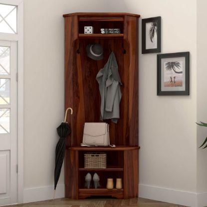 Picture of Harlingen 30 inch Rustic Solid Wood Corner Entryway Hall Tree with Shoe Storage