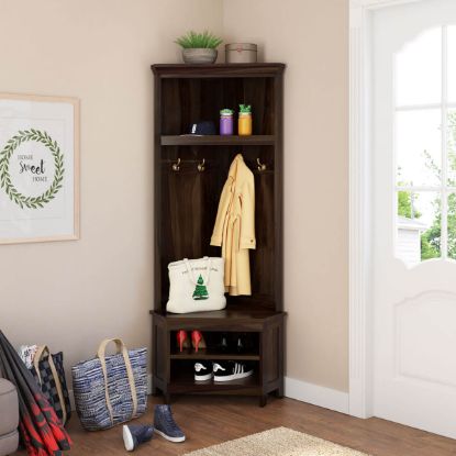 Picture of Savona 29 inch Rustic Solid Wood Entryway Corner Hall Tree with Shoe Storage