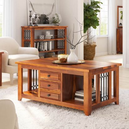 Picture of San Francisco Iron Grill Rustic Solid Wood Coffee Table With 6 Drawers