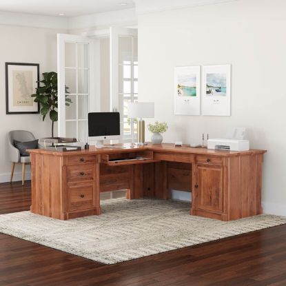Picture of Ojai L-Shaped Solid Wood Executive Desk w Keyboard Tray & File Cabinet
