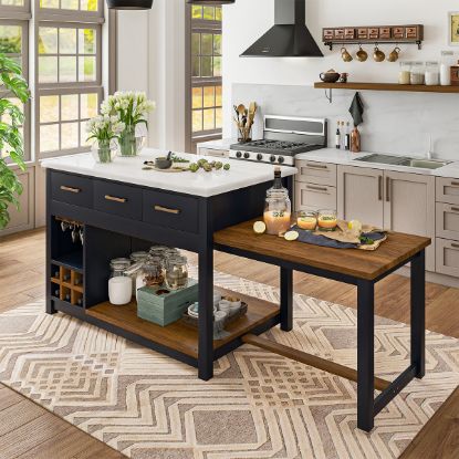 Picture of Seldovia Solid Wood Modern Extendable Kitchen Island with Marble Top