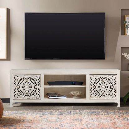 Picture of Sutter Boho Rustic Floral Hand Carved 4 Drawer White Media Console